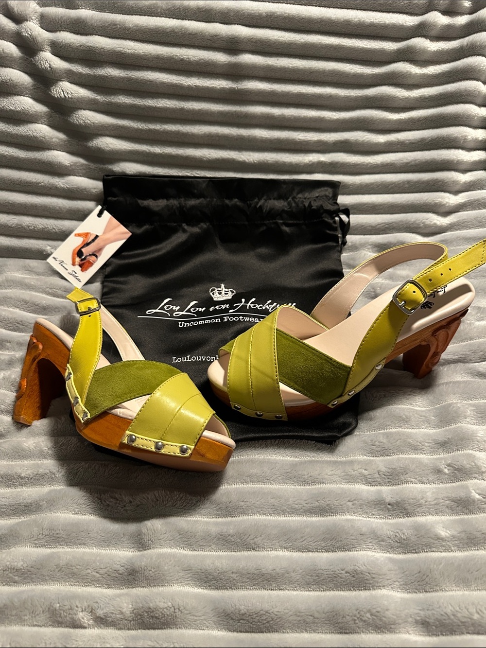Chartreuse velvet strap Venus Stilettos by Lou Lou von H for Lucky Lou shoes